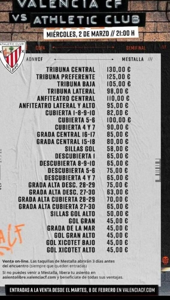 Precio de las entradas partido de vuelta semifinales Copa del Rey