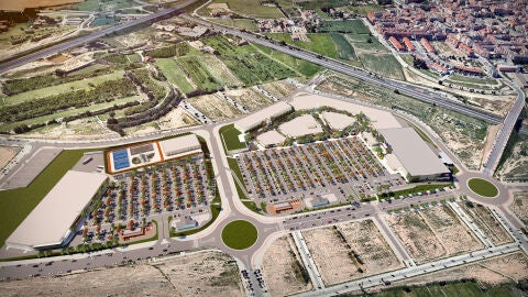 Vista a&egrave;ria amb la recreaci&oacute; del parc comercial i d'oci