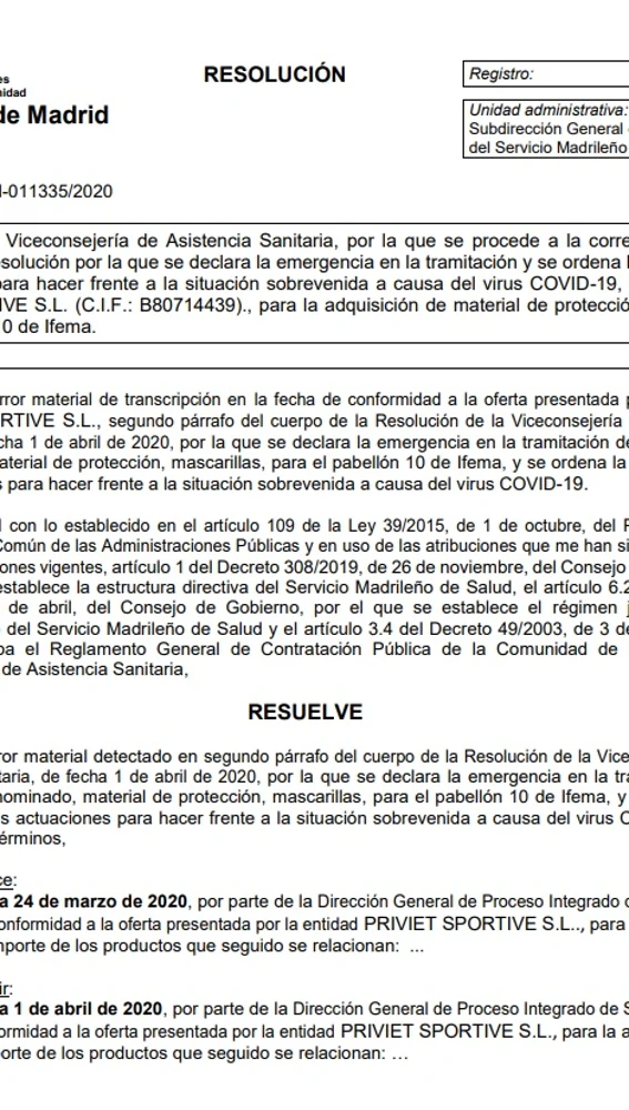 El contrato para la compra de Mascarillas con Priviet Sportive S.L. El contrato para la compra de Mascarillas con Priviet Sportive S.L.