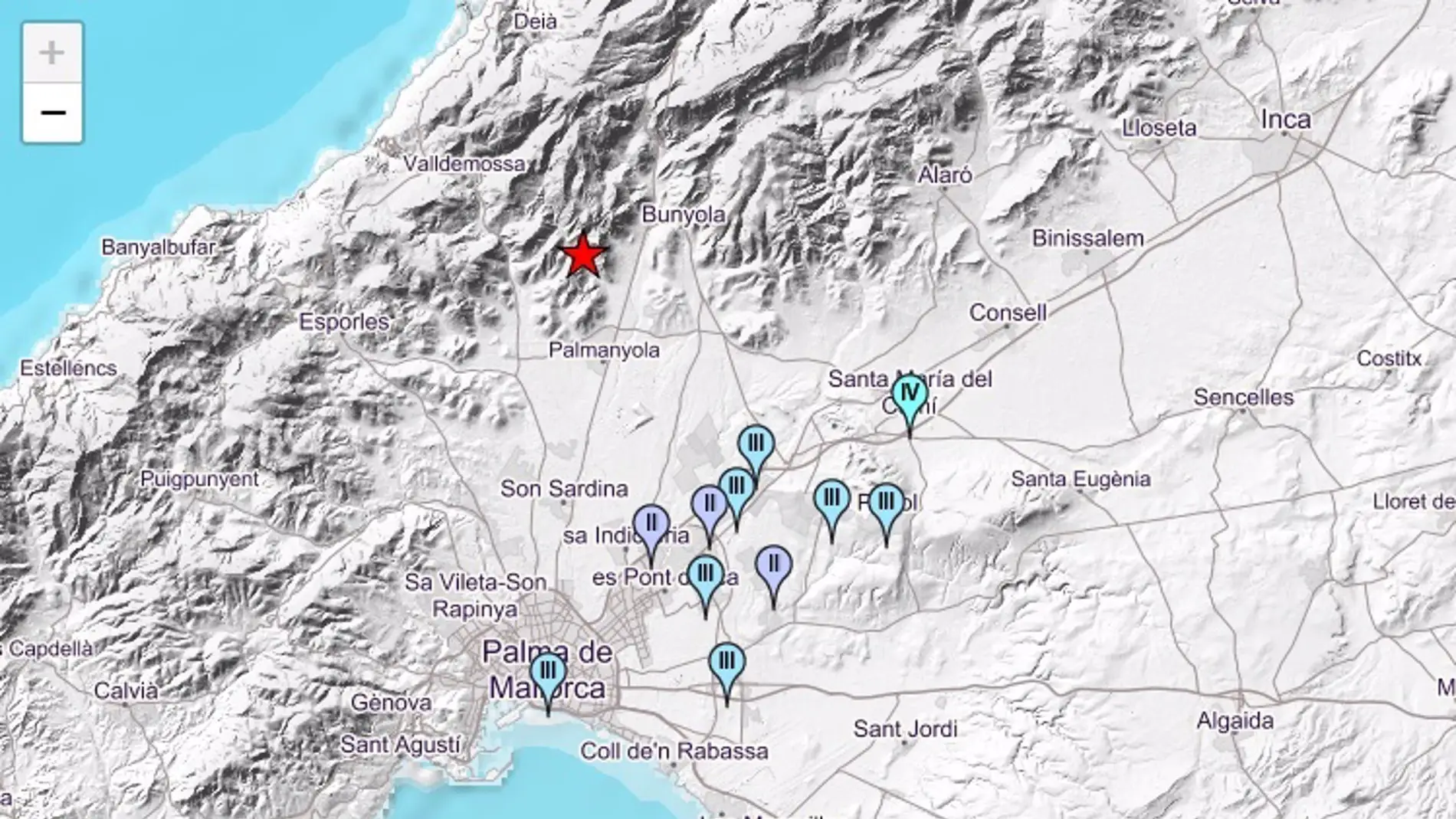 Imagen del movimiento sísmico detectado en Bunyola este martes y zonas en las que se ha sentido. 