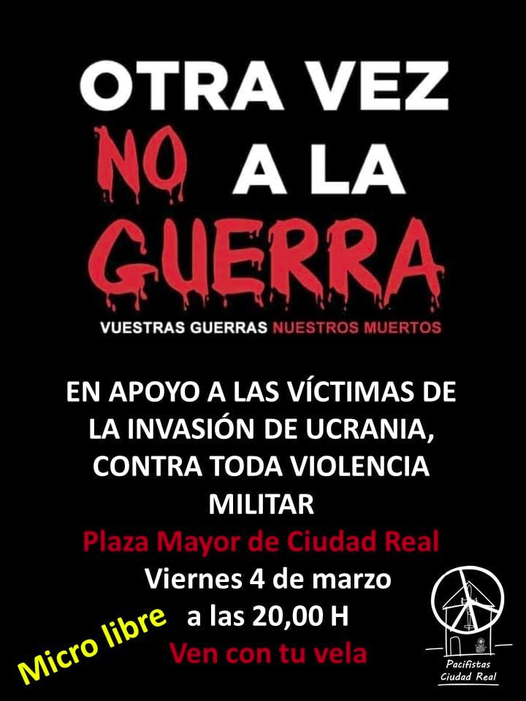 Convocan una concentración para esta tarde del viernes 4 de marzo contra la invasión de Ucrania Convocan una concentración para esta tarde del viernes 4 de marzo contra la invasión de Ucrania