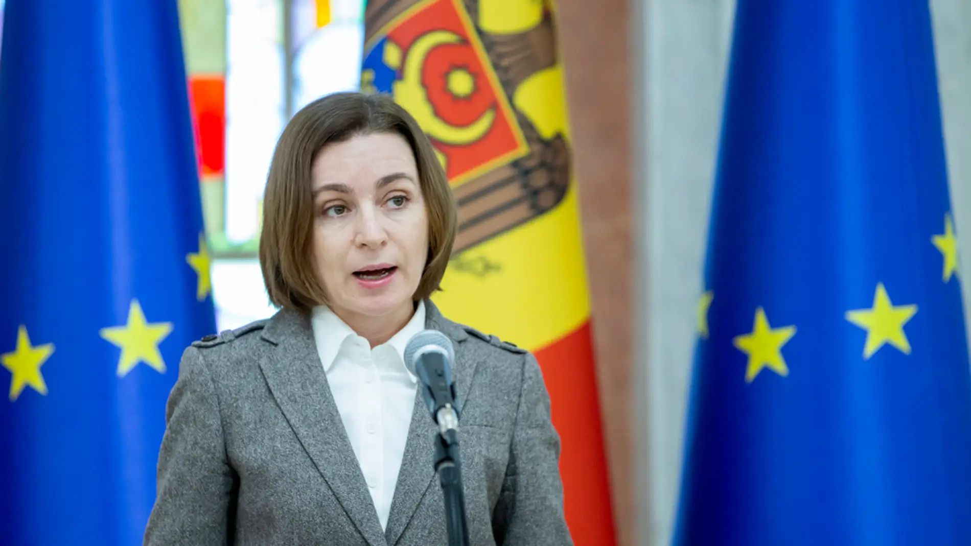 La presidenta de Moldavia, Maia Sandu, durante la rueda de prensa analizando la situación de tensión en la región de Transnistria
