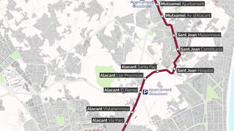 Recorrido propuesto del Bus BTR entre Alicante Sant Joan y Mutxamel