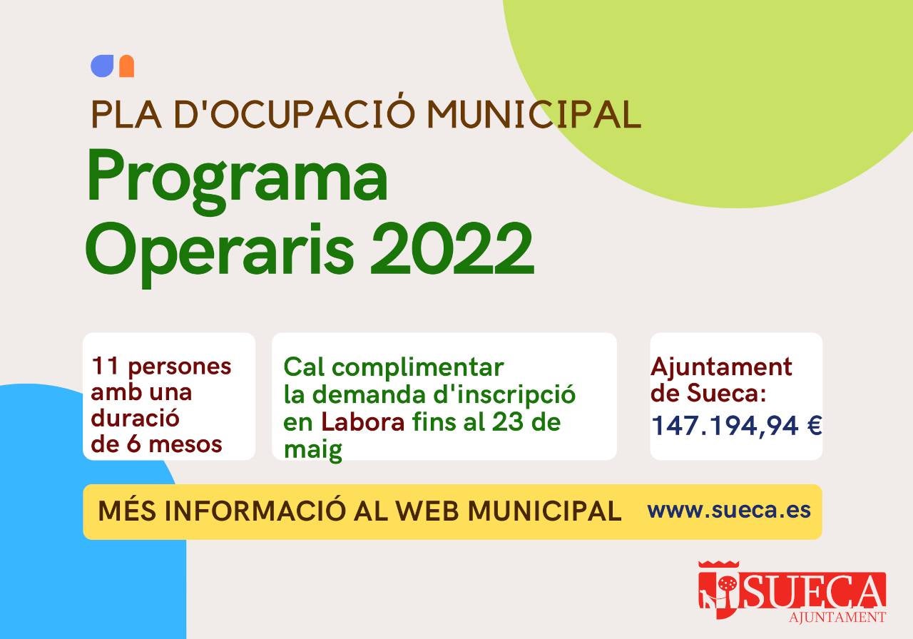 Sueca destinará 147 mil euros de fondos propios para un Plan de Empleo Municipal de Operarios Sueca destinará 147 mil euros de fondos propios para un Plan de Empleo Municipal de Operarios