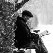 Un anciano leyendo en un banco