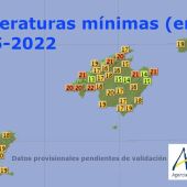 Temperaturas mínimas esta noche, en Baleares, según la Aemet.