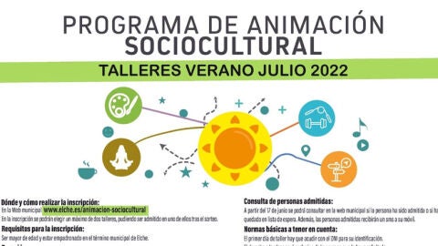 Cartel de la programación de talleres de verano del Ayuntamiento de Elche. Cartel de la programación de talleres de verano del Ayuntamiento de Elche.