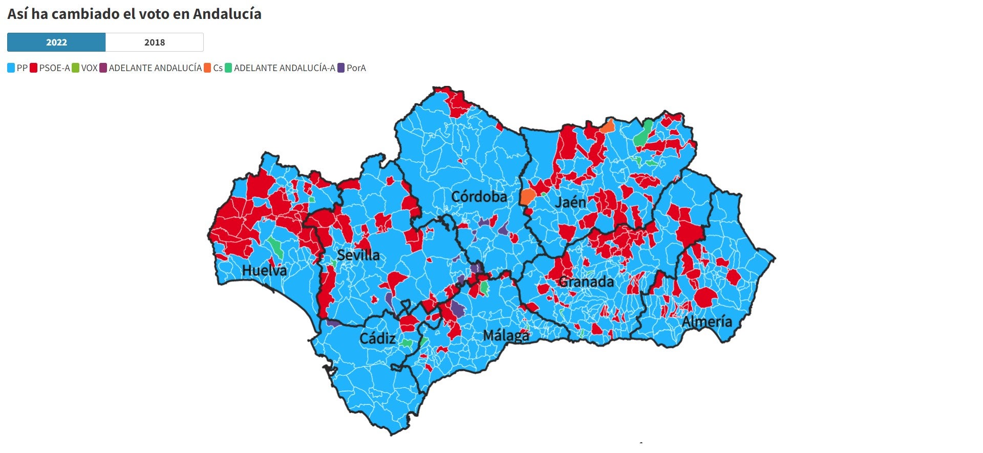 Elecciones Andalucía 2022: el mapa de resultados por municipios Elecciones Andalucía 2022: el mapa de resultados por municipios