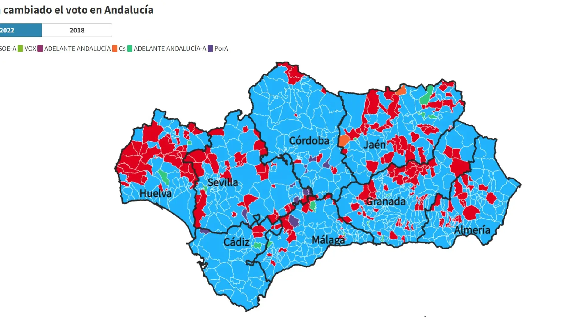 Mapa de los resultados electorales en las elecciones de Andalucía 2022