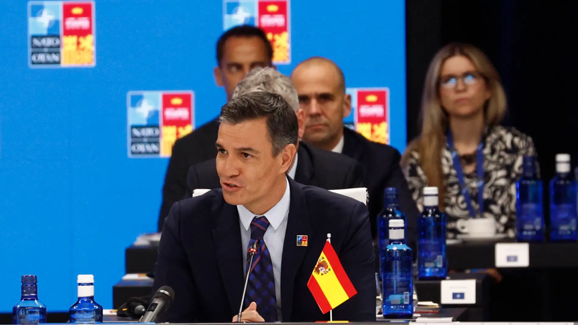 El presidente del Gobierno, Pedro Sánchez durante su intervención en la primera jornada de la cumbre de la OTAN