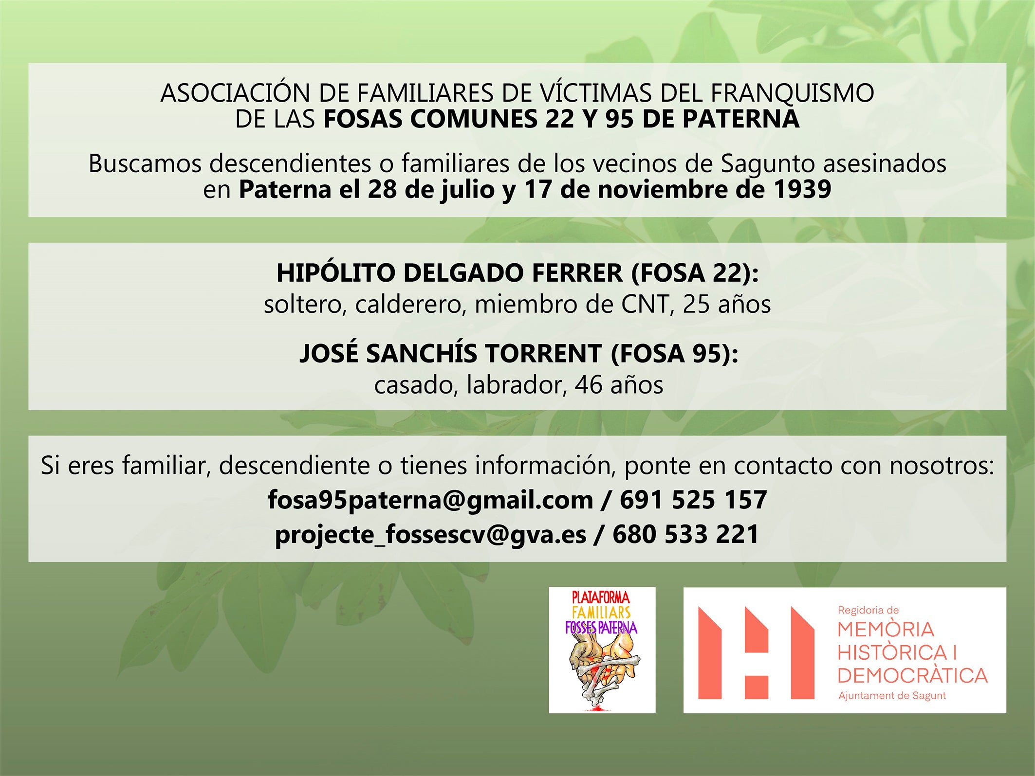 Buscan a los familiares de José Sánchis Torrent e Hipólito Delgado Ferrer, fusilados en Paterna en 1939 Buscan a los familiares de José Sánchis Torrent e Hipólito Delgado Ferrer, fusilados en Paterna en 1939