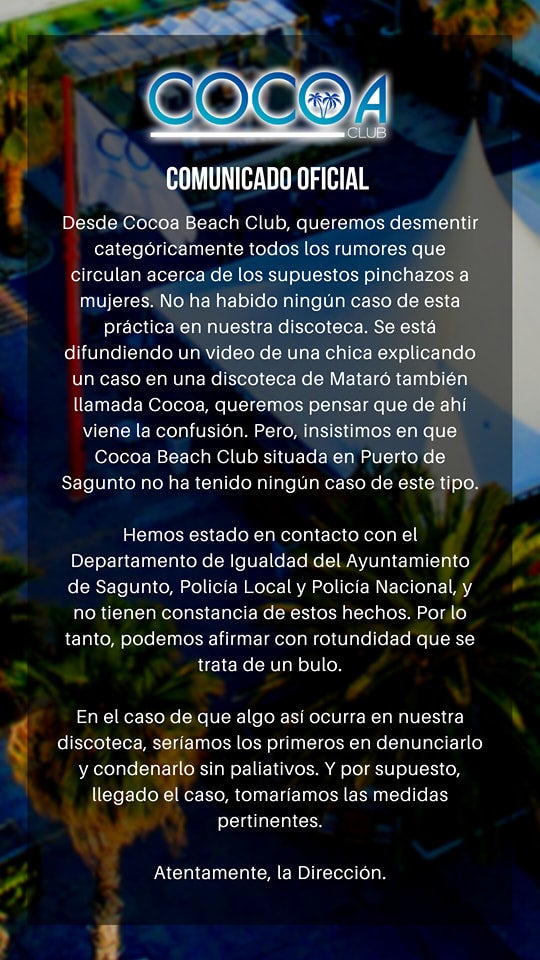 Niegan que se hayan producido pinchazos a chicas en la discoteca Cocoa de Puerto de Sagunto Niegan que se hayan producido pinchazos a chicas en la discoteca Cocoa de Puerto de Sagunto