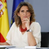 La vicepresidenta tercera y ministra para la Transición Ecológica, Teresa Ribera, durante su comparecencia este lunes en Madrid para informar del nuevo paquete de medidas urgentes para la eficiencia y el ahorro energético