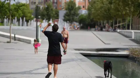 Un hombre pasea con su perro.