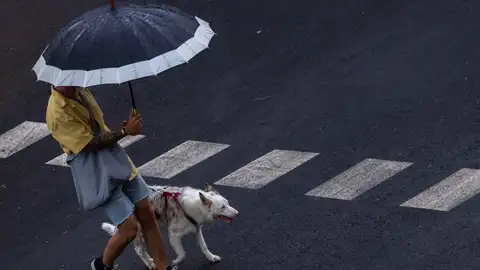 Un hombre paseando con su perro bajo la lluvia