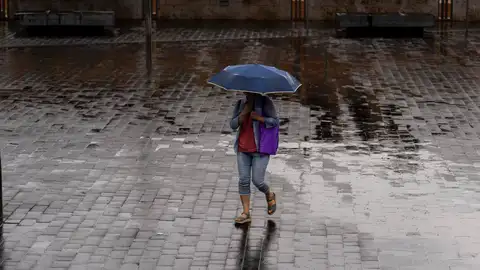 Una persona camina con paraguas bajo la lluvia.