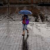 Una persona camina con paraguas bajo la lluvia.