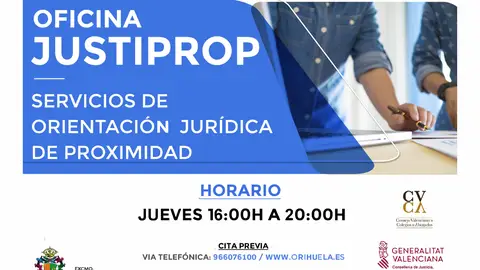 Orihuela contará, a partir del 15 de septiembre, con el servicio de orientación jurídica de proximidad, Justiprop   