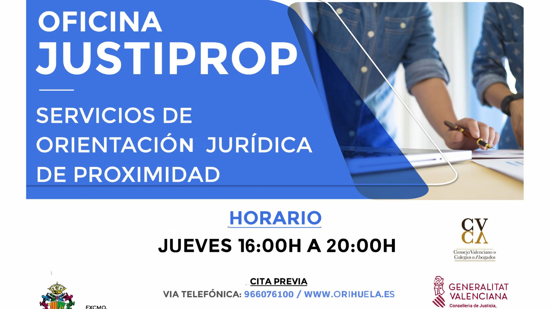 Orihuela contará, a partir del 15 de septiembre, con el servicio de orientación jurídica de proximidad, Justiprop 