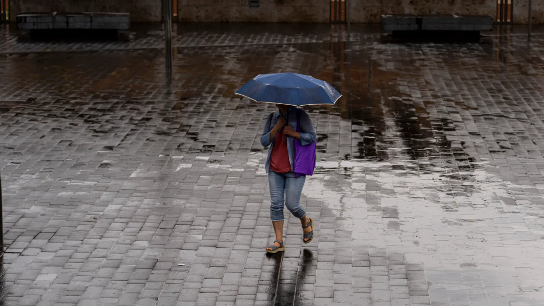 Una mujer pasea bajo la lluvia en una ciudad