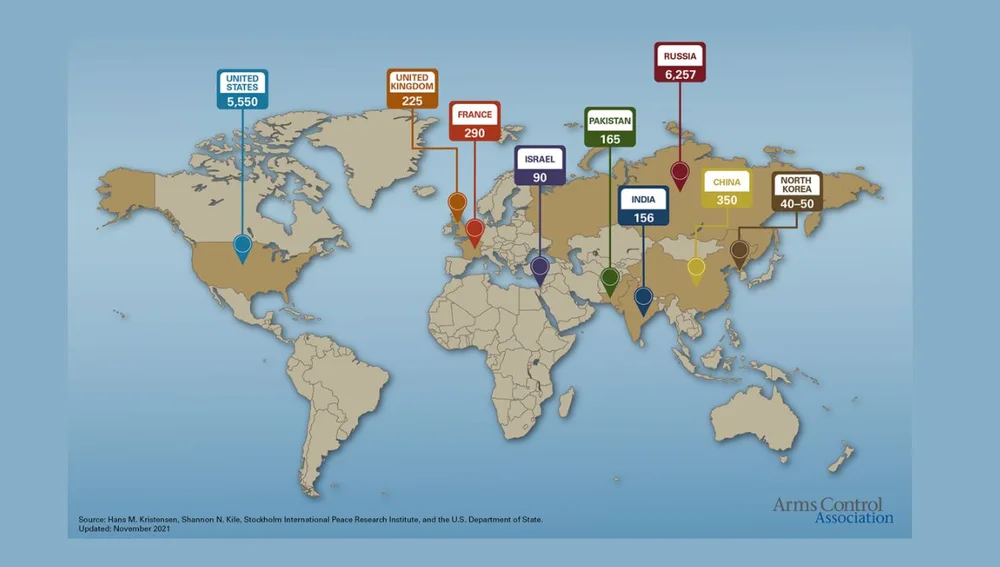 Mapa de países con armamentos nucleares
