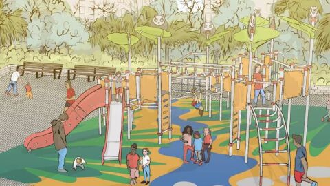 Simulaci&oacute;n del parque infantil de la plaza del Cedro