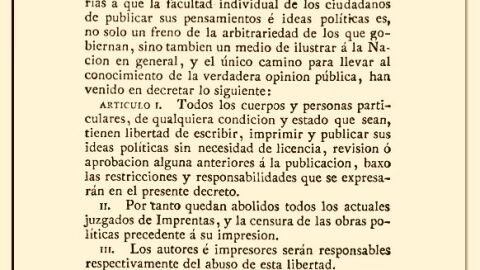 La primera página del primer decreto de libertad de imprenta de España