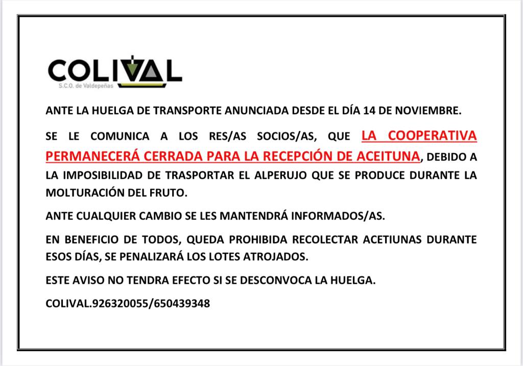 El paro del transporte obliga al cierre temporal de la Cooperativa Olivarera de Valdepeñas El paro del transporte obliga al cierre temporal de la Cooperativa Olivarera de Valdepeñas