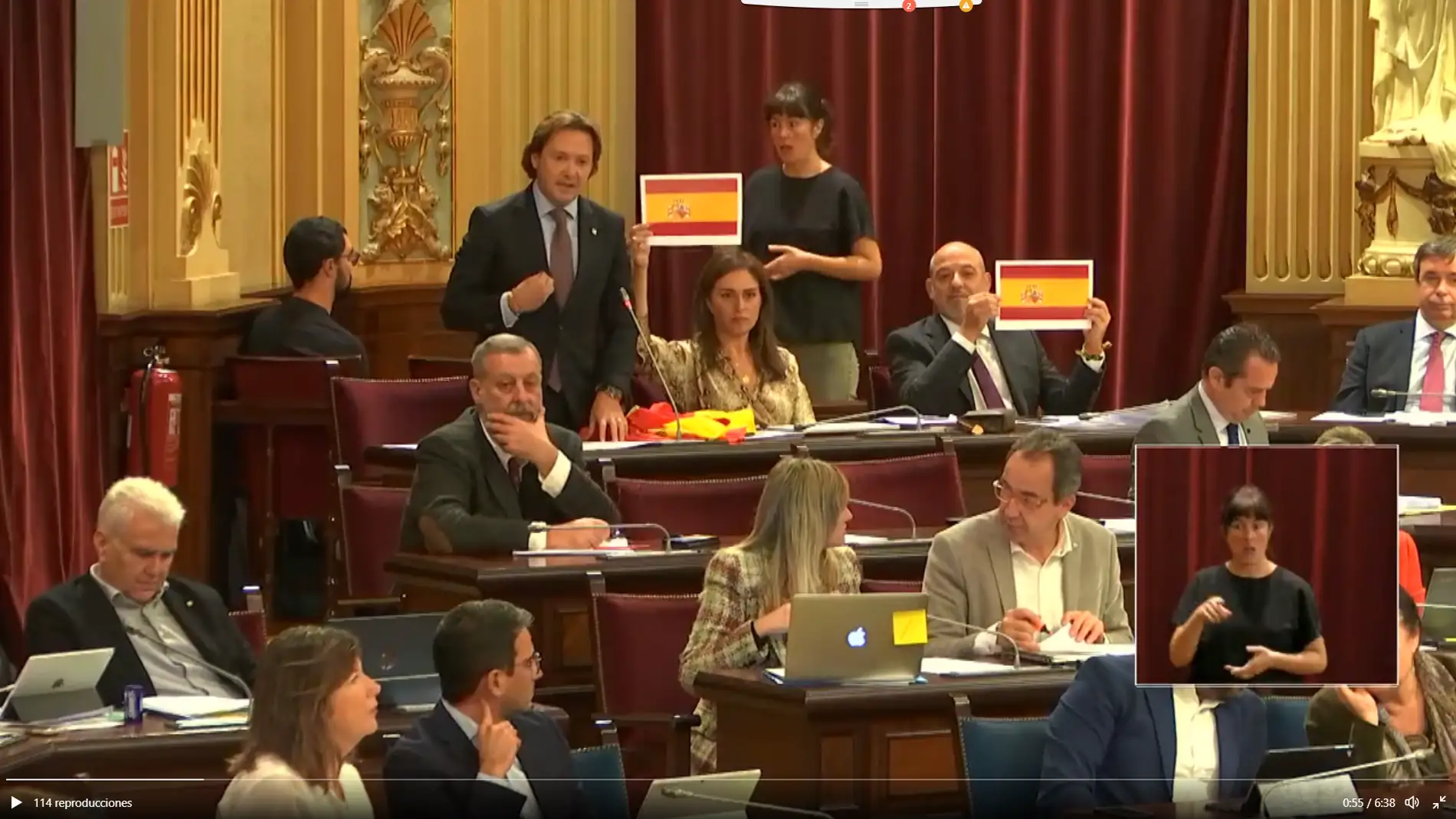 Los tres diputados de Vox han mostrado banderas de España en el Parlament en apoyo a los alumnos del colegio La Salle de Palma que fueron expulsados de clase