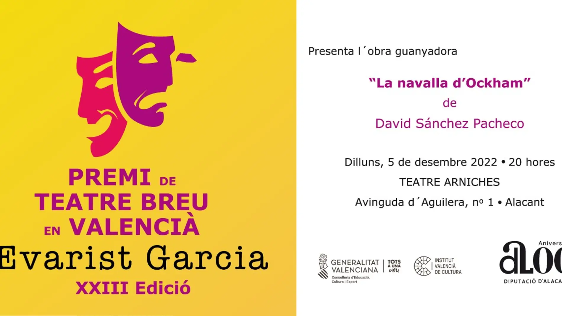  La Diputación estrena en el Teatro Arniches la obra de David Sánchez reconocida con el Premi Evarist Garcia