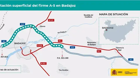 Rehabilitación del firme de la autovía A-5 en el entorno de Badajoz Rehabilitación del firme de la autovía A-5 en el entorno de Badajoz