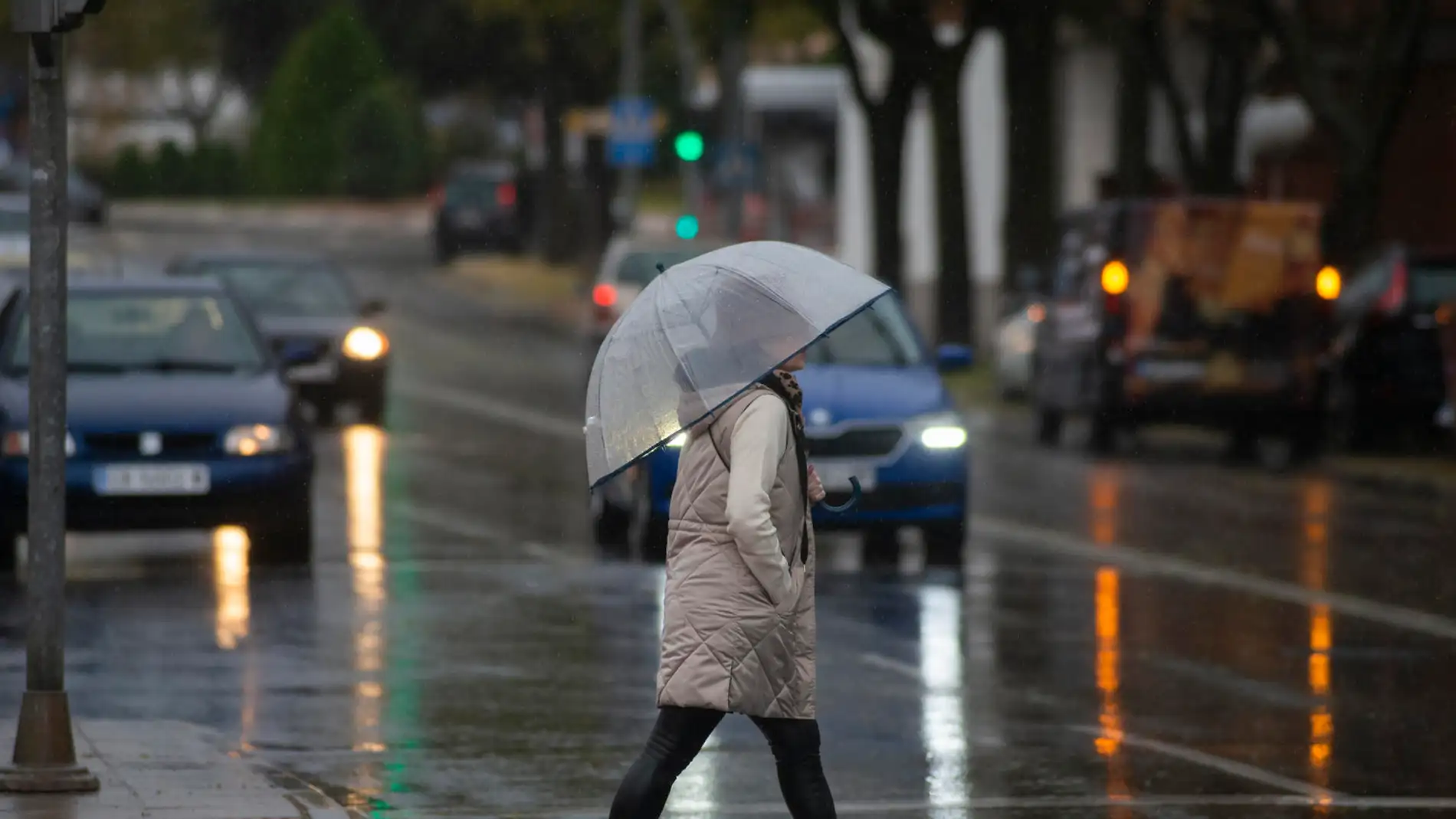 Una mujer pasea bajo la lluvia