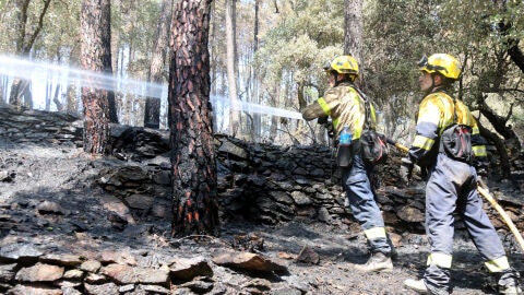 Dos bombers treballen en les tasques d&rsquo;extinci&oacute; d&rsquo;un foc a les Gavarres.