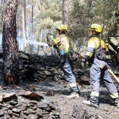 Dos bombers treballen en les tasques d’extinció d’un foc a les Gavarres.