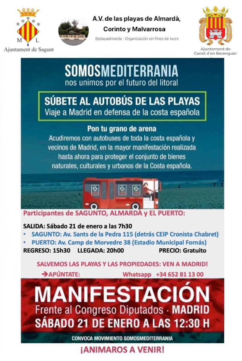 Autobuses gratuitos para asistir a la manifestación "Salvemos el Mediterráneo" Autobuses gratuitos para asistir a la manifestación "Salvemos el Mediterráneo"
