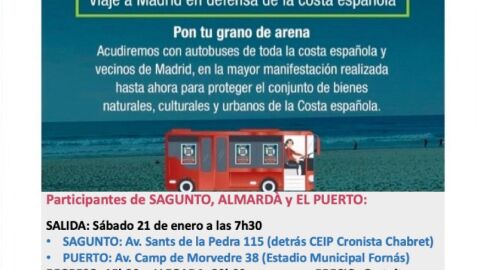 Cartel que anuncia los dos autobuses gratuitos para asistir a la manifestación &quot;Salvemos el Mediterráneo&quot;