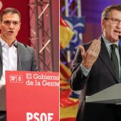 Pedro Sánchez y Alberto Núñez Feijóo en sendos actos de campaña
