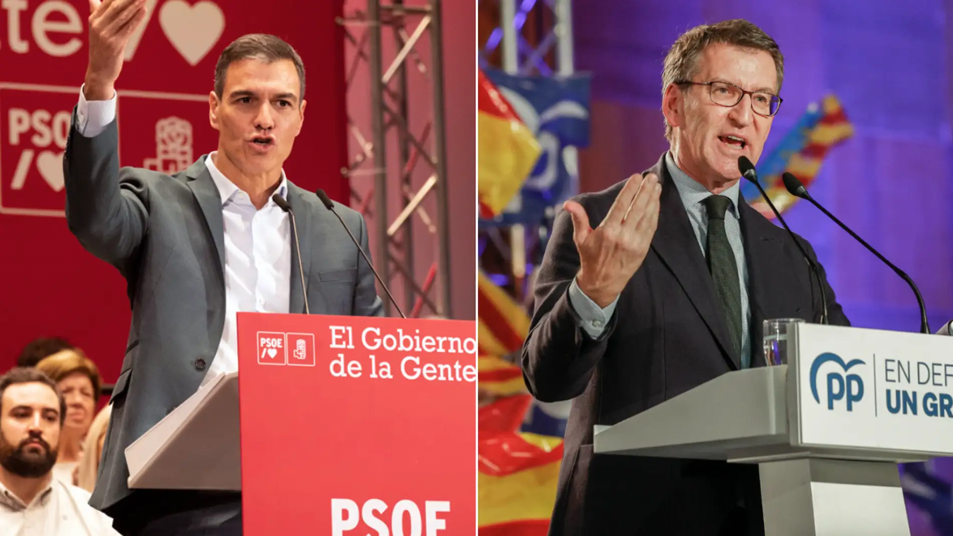 Pedro Sánchez y Alberto Núñez Feijóo en sendos actos de campaña