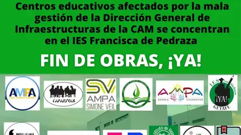 Concentración por la finalización de obras en infraestructuras educativas en la Comunidad de Madrid Las AMPAS de diversos centros educativos de la Comunidad de Madrid se concentrarán este domingo en Alcalá de Henares para pedir la finalización de las obras pendientes
