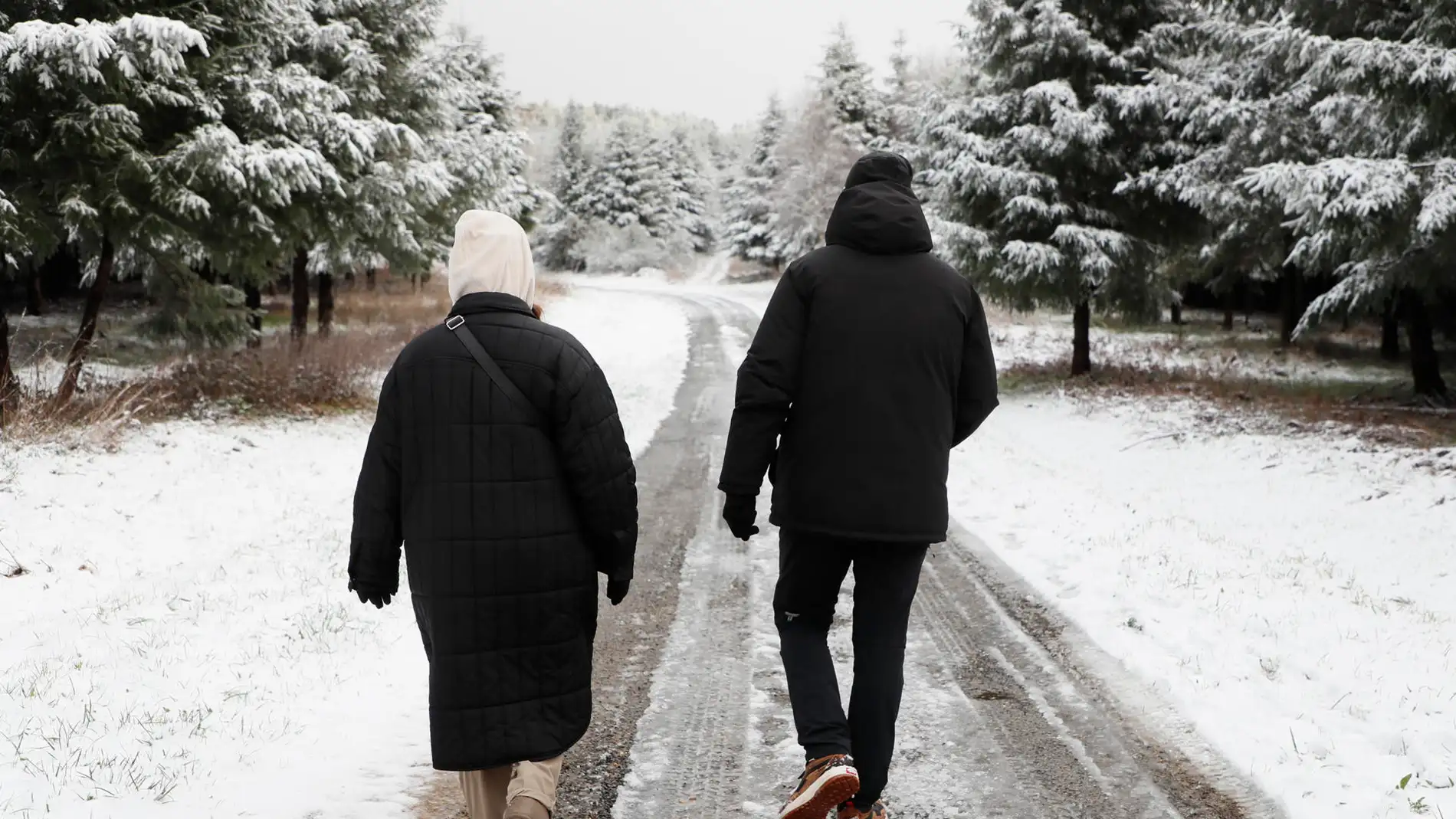 Dos personas pasean por un paisaje nevado.