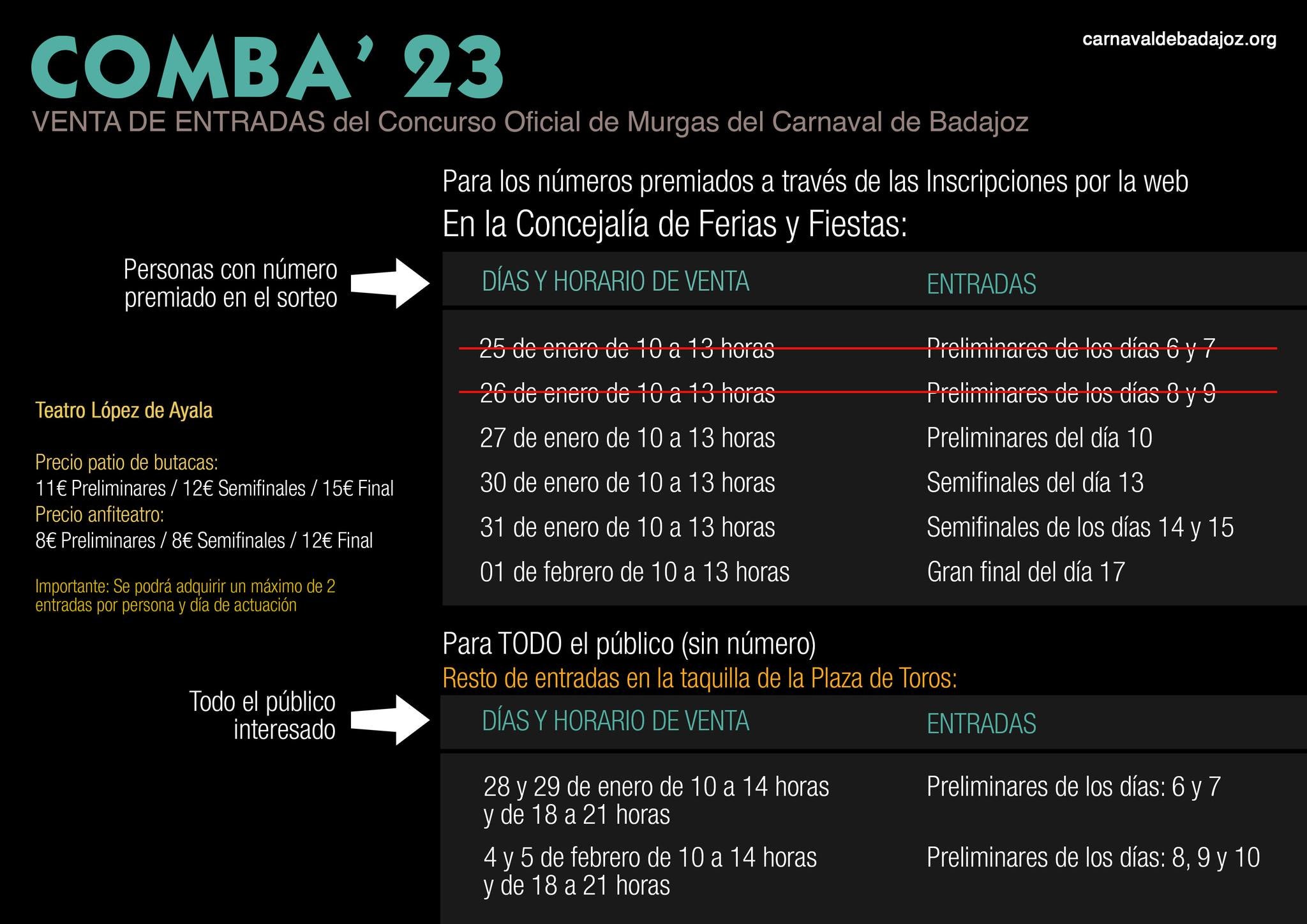 El Ayuntamiento de Badajoz modifica la venta de entradas del COMBA y abrirá las taquillas este fin de semana solo para las dos primeras preliminares El Ayuntamiento de Badajoz modifica la venta de entradas del COMBA y abrirá las taquillas este fin de semana solo para las dos primeras preliminares