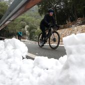 Unos ciclistas bajan una carretera en la Serra de Tramuntana a pesar de la nieve
