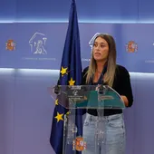 La diputada de JuntsxCat Miríam Nogueras durante la rueda de prensa ofrecida antes de participar en la reunión de la Mesa del Congreso La diputada de JuntsxCat Miríam Nogueras durante la rueda de prensa ofrecida antes de participar en la reunión de la Mesa del Congreso