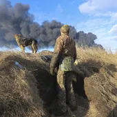 Un militar ucraniano observa junto a su perro una columna de humo negro cerca de Kiev Un militar ucraniano observa junto a su perro una columna de humo negro cerca de Kiev