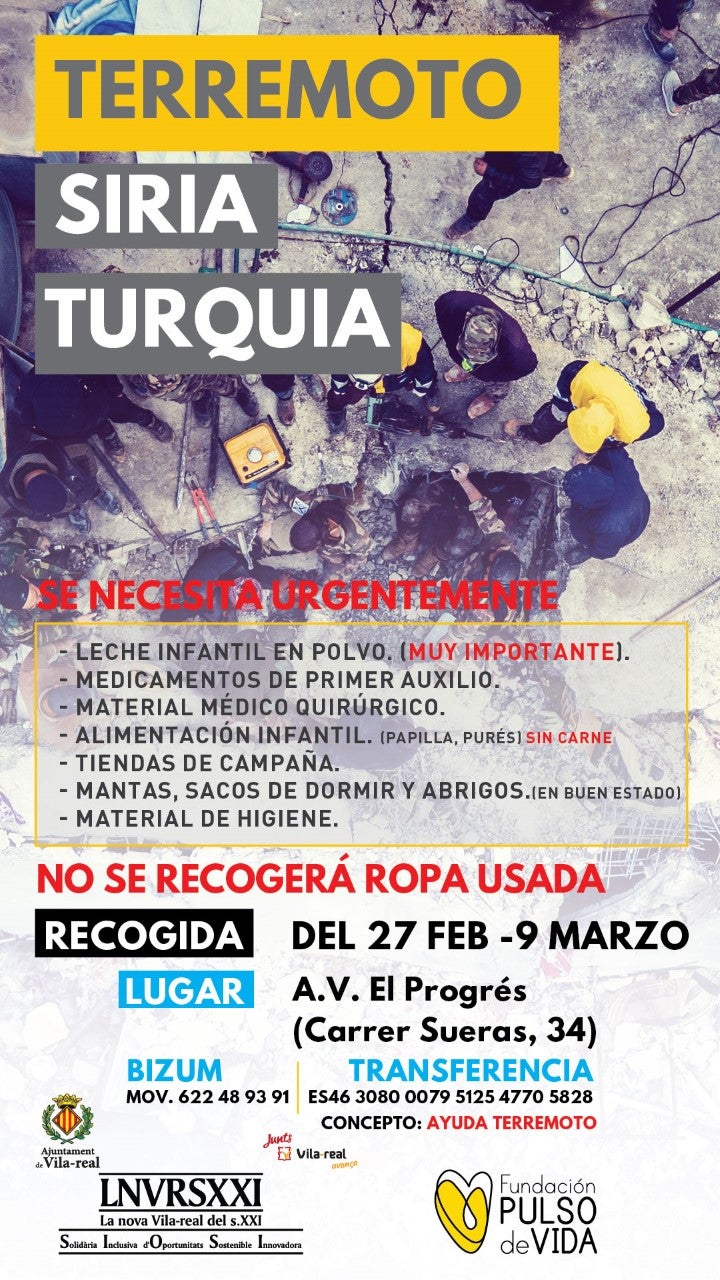 Vila-real promueve una campaña de recogida de materiales para las víctimas del terremoto de Turquía y Siria Vila-real promueve una campaña de recogida de materiales para las víctimas del terremoto de Turquía y Siria