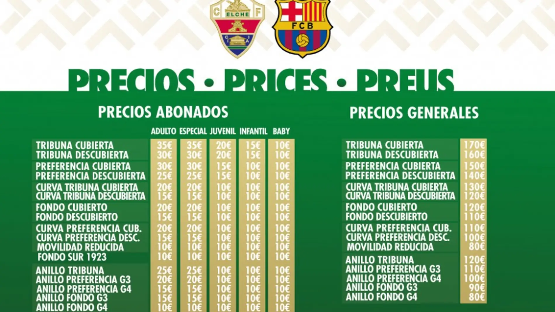 El Elche pone precio a las entradas para el Barcelona: mucho más caras para el público general