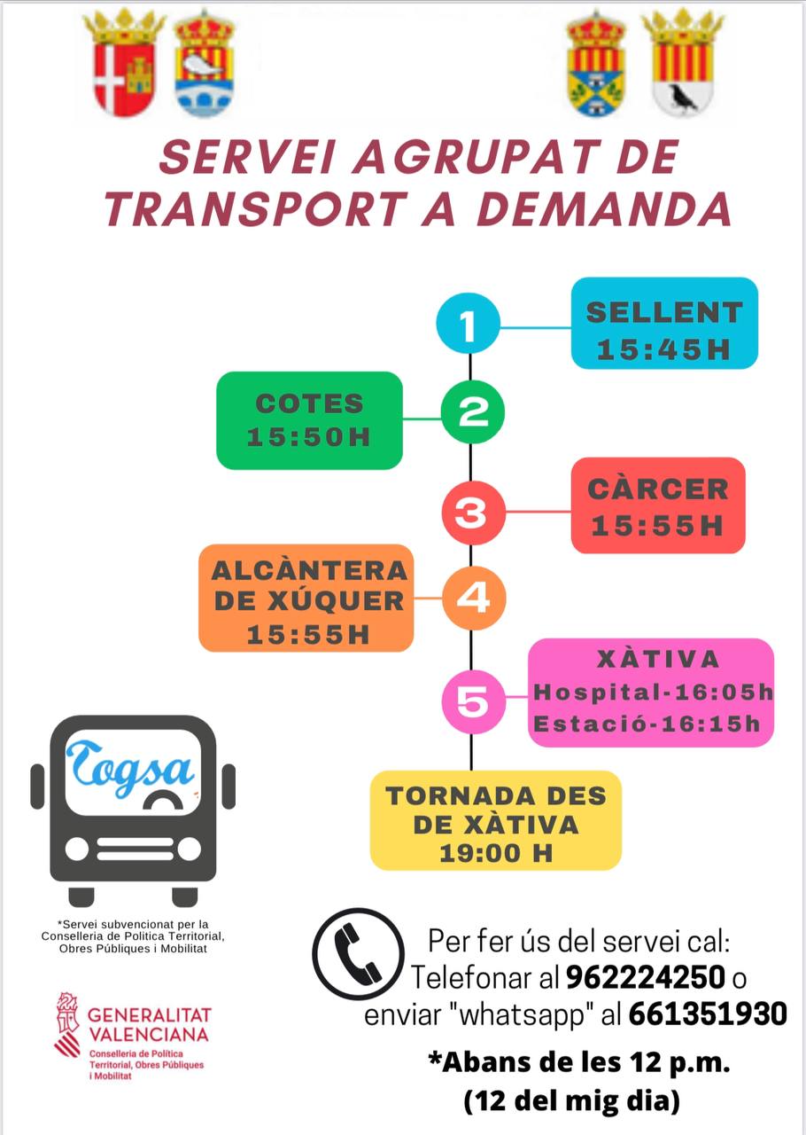 Sellent, Càrcer, Alcàntera de Xúquer y Cotes cuentan desde esta semana con el nuevo servicio de autobús a Xàtiva por las tardes Sellent, Càrcer, Alcàntera de Xúquer y Cotes cuentan desde esta semana con el nuevo servicio de autobús a Xàtiva por las tardes