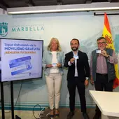 Ángeles Muñoz, Enrique Rodríguez y Baldomero León con la tarjeta gratuita del autobús Ángeles Muñoz, Enrique Rodríguez y Baldomero León con la tarjeta gratuita del autobús