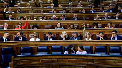 La ministra de Derechos Sociales Ione Belarra (abajo, i) conversa con la ministra de Igualdad, Irene Montero (d, abajo), mientras los diferentes partidos marcan el sentido del voto durante el pleno celebrado este jueves en el Congreso. ¿Soluciona la reforma de la 'Ley sólo sí es sí' las rebajas de penas a agresores sexuales?