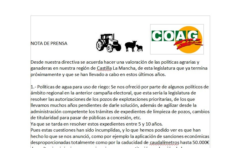 COAG La Solana realiza un balance negativo de la Legislatura señalando lo que la Junta de Comunidades ha incumplido COAG La Solana realiza un balance negativo de la Legislatura señalando lo que la Junta de Comunidades ha incumplido